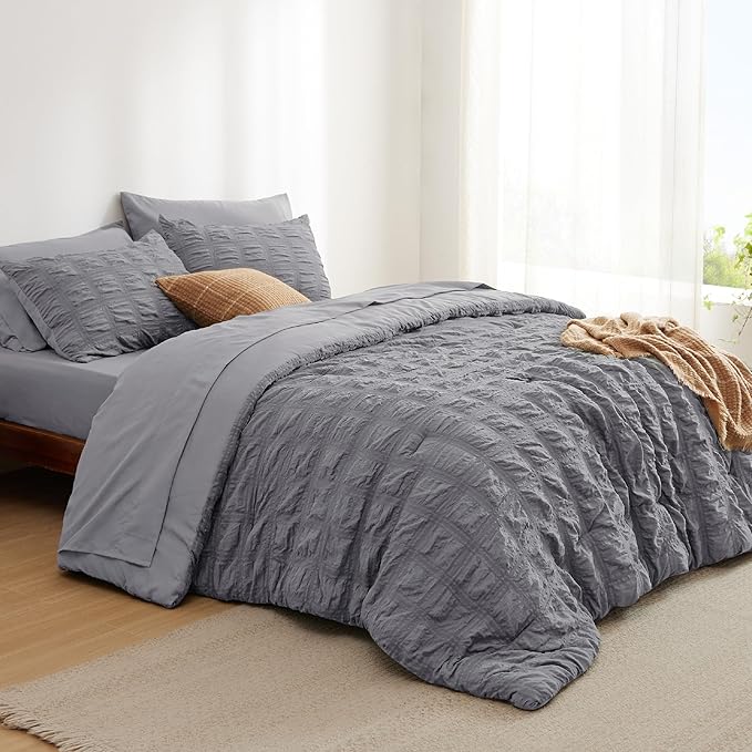 Bedsure Bed in a Bag Full - 7 Pieces Plaid Seersucker Bedding Comforter Sets, Soft Lightweight Grey Boho Bed Set with Comforters Full Size, Sheets, Pillowcases & Shams