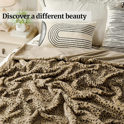 JONIYEAR Decorative Brown Leopard Print Faux Rabbit Fur Throw Blanket 50" x 60", Double Sided Soft Thick Warm Cheetah Blankets for Winter,Cute Accent Cozy Plush Animal Blanket for Women,Breathable,Tan