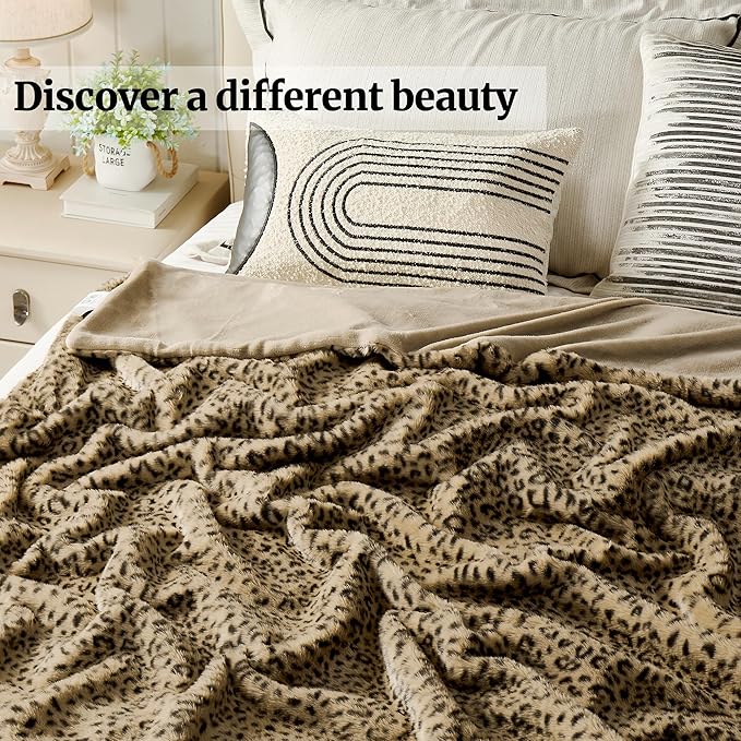 JONIYEAR Decorative Brown Leopard Print Faux Rabbit Fur Blanket Twin Size 60" x 70", Double Sided Soft Thick Warm Cheetah Blankets for Winter,Cute Accent Cozy Animal Blanket for Women,Breathable,Tan