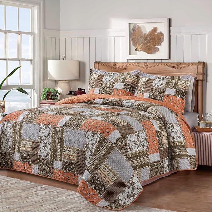 BEDIFANY Cotton California King Size Quilt for Farmhouse- Fall Patchwork Bedspread Set - Highly-Woven Soft Reversible Oversized King Size Coverlet for All Seasons (Floral Orange) 3 Pieces
