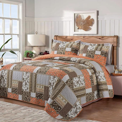 BEDIFANY Cotton California King Size Quilt for Farmhouse- Fall Patchwork Bedspread Set - Highly-Woven Soft Reversible Oversized King Size Coverlet for All Seasons (Floral Orange) 3 Pieces
