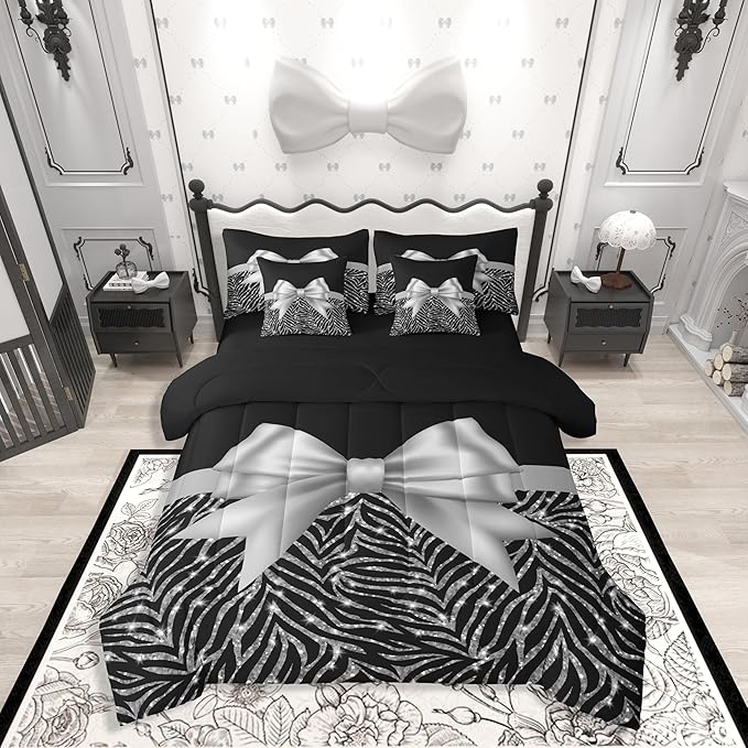 Feelyou Silver Bowknot 7 Piece Bedding Set King Size Glitter Print Comforter Set with Sheets for Kids Girls Adult Cute Bowknot Bed in a Bag Black Silver Bed Set