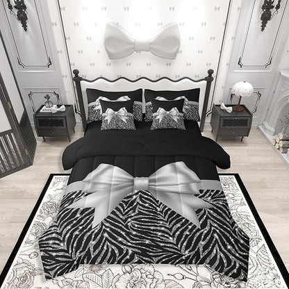 Feelyou Silver Bowknot 7 Piece Bedding Set King Size Glitter Print Comforter Set with Sheets for Kids Girls Adult Cute Bowknot Bed in a Bag Black Silver Bed Set