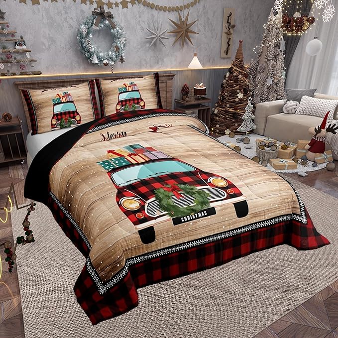 Rustic Farmhouse Brown Wooden 3 Pcs Queen Size Comforter Set,Snowflake Deer Red Plaid Down Alternative Adults Room Decor,Christmas Plaid Truck Ultra Soft Microfiber Inner Fill 3Pcs Bedding