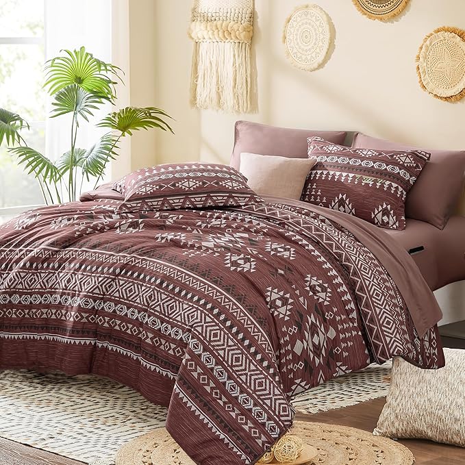 Geniospin Queen Comforter Set - 7 Pieces Bedding Set, Boho Bed in A Bag, Lightweight Soft Aztec Bedding, All Season Bed Comforter Set with Sheets, Pillowcases & Shams