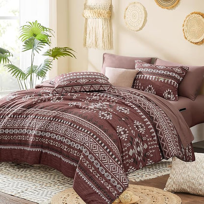 Geniospin Queen Comforter Set - 7 Pieces Bedding Set, Boho Bed in A Bag, Lightweight Soft Aztec Bedding, All Season Bed Comforter Set with Sheets, Pillowcases & Shams