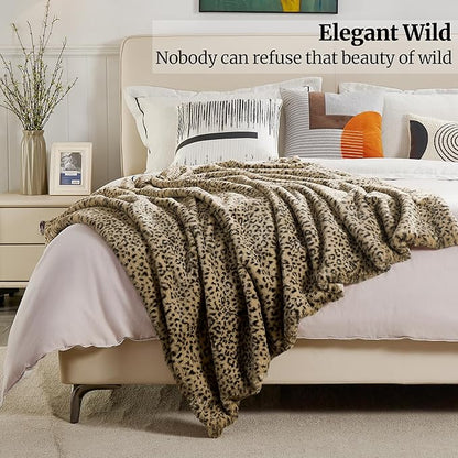 JONIYEAR Decorative Brown Leopard Print Faux Rabbit Fur Blanket Twin Size 60" x 70", Double Sided Soft Thick Warm Cheetah Blankets for Winter,Cute Accent Cozy Animal Blanket for Women,Breathable,Tan