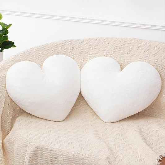 2 Pcs White Heart Pillow Decorative Throw Pillows 16-inch Cute Soft Fluffy Heart Shaped Pillows for Bed Couch Sofa Bedroom Living Room Decor Aesthetic (Milk White, 16"x13.78")
