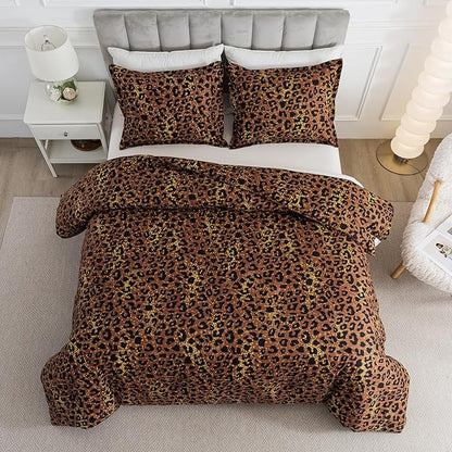 Caressma Safari Leopard Cheetah Print Brown Comforter Set, Twin Size 2 Pieces for All Seasons, Untamed Wilderness Style Comforter with Pillowshams, Ultra Soft Microfiber