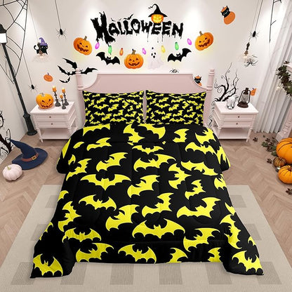 Erosebridal Yellow Bat Queen Comforter Set Halloween Bat Bedding Set Spooky Goth Gothic Animal Bed Set Horror Halloween Quilt Set for Kids Teens Adults