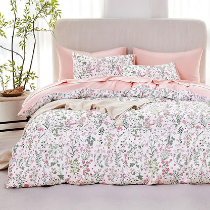 Wake In Cloud - Floral Comforter Set, Shabby Chic Cottage Garden Botanical Flower Style with Elegant Wildflower Pattern, Soft Lightweight Bedding, 3 Pieces, Pink White, Full Size