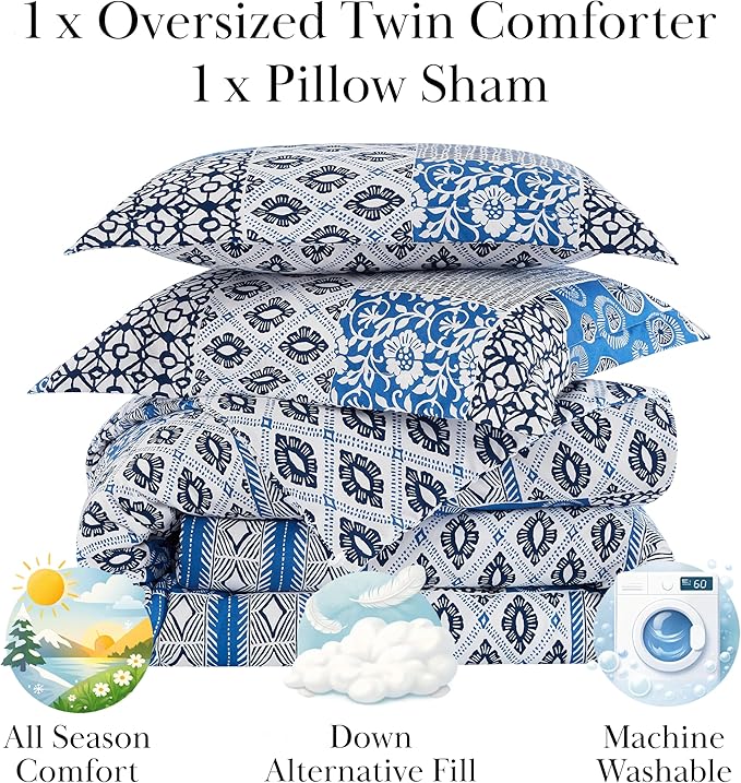Southshore Fine Living, Inc. Twin Comforter Set with One Pillow Sham, Reversible Bedding Set - Global Patchwork Quilt - Alternative Down Comforter for Twin/XL Mattress, Soft Microfiber, Blue & White