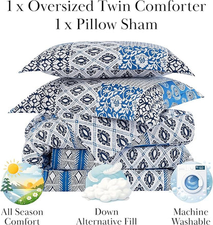 Southshore Fine Living, Inc. Twin Comforter Set with One Pillow Sham, Reversible Bedding Set - Global Patchwork Quilt - Alternative Down Comforter for Twin/XL Mattress, Soft Microfiber, Blue & White