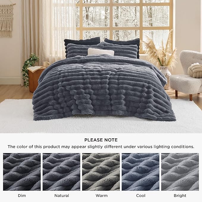 Bedsure Faux Fur King Size Comforter Set - Grey Fluffy Comforter King Size, Soft and Cozy Shaggy Winter Bedding Comforter Sets, Warm Luxury Fuzzy Bed Set 3 Pieces, 1 Comforter and 2 Pillowcases