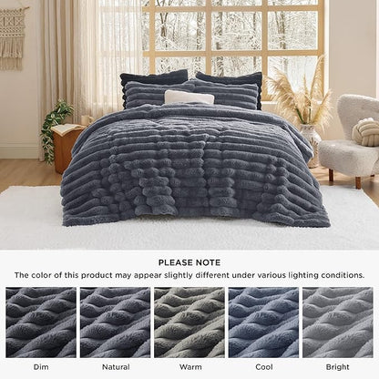 Bedsure Faux Fur Queen Comforter Set - Grey Fluffy Comforter Queen Size, Soft and Cozy Shaggy Winter Bedding Comforter Sets, Warm Luxury Fuzzy Bed Set 3 Pieces, 1 Comforter and 2 Pillowcases