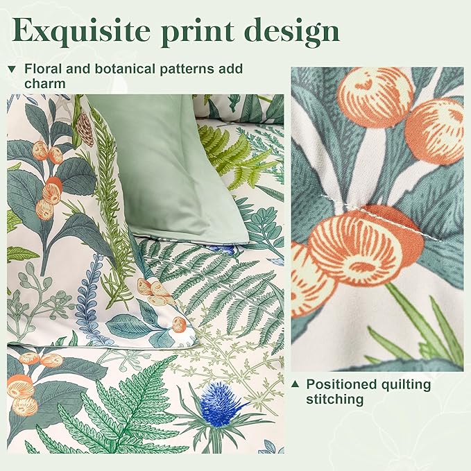 King Comforter Set - 3 Pieces Botanical Bedding Comforter Set, 1 Soft White Green Plant Flowers Comforter (104"x90") and 2 Pillow Shams(20"x36") Ultra-Soft Comfort Suitable for All Seasons