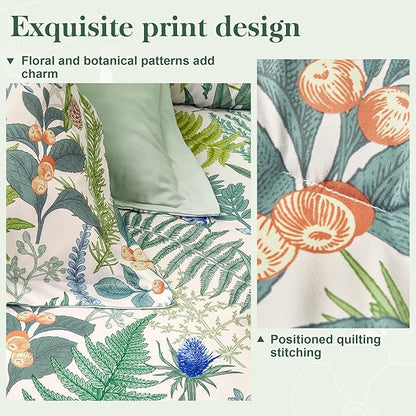 King Comforter Set - 3 Pieces Botanical Bedding Comforter Set, 1 Soft White Green Plant Flowers Comforter (104"x90") and 2 Pillow Shams(20"x36") Ultra-Soft Comfort Suitable for All Seasons