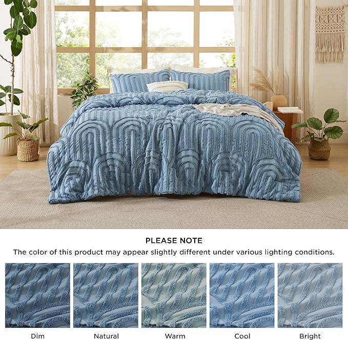 Bedsure Boho Tufted Blue Comforter Full Size, GentleSoft™ 3 Pieces Boho Farmhouse Decor Bedding, Arch Shabby Chic Bedding for All Seasons, 1 Bed Comforter, 2 Pillow Shams, 82x86 Inches