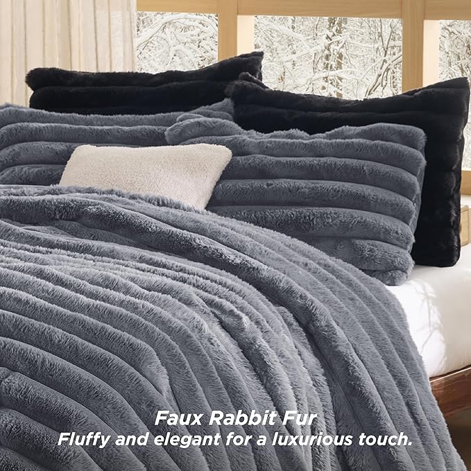 Bedsure Faux Fur King Size Comforter Set - Grey Fluffy Comforter King Size, Soft and Cozy Shaggy Winter Bedding Comforter Sets, Warm Luxury Fuzzy Bed Set 3 Pieces, 1 Comforter and 2 Pillowcases