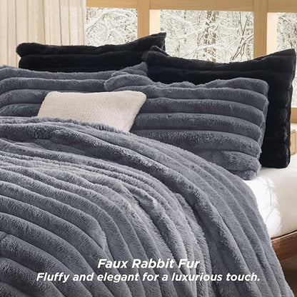 Bedsure Faux Fur King Size Comforter Set - Grey Fluffy Comforter King Size, Soft and Cozy Shaggy Winter Bedding Comforter Sets, Warm Luxury Fuzzy Bed Set 3 Pieces, 1 Comforter and 2 Pillowcases
