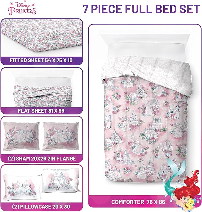 Jay Franco Kids Comforter Set Includes Sheets and Pillow Covers - Soft and Cozy Bed Set for Stylish Room Decor, Pink - Disney Princess, 7 Piece Full Bedding