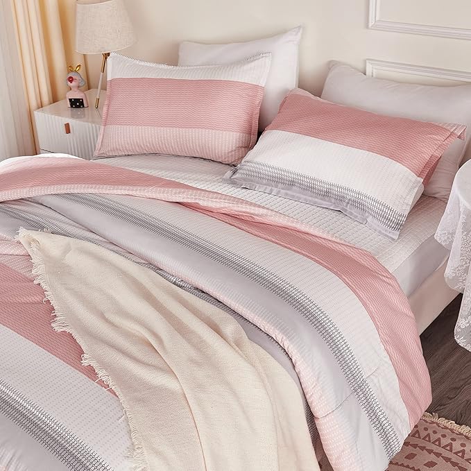 Litanika Pink Comforter Set Queen, 3 Pieces Blush White Colorblock Lightweight Bedding Comforter Set
