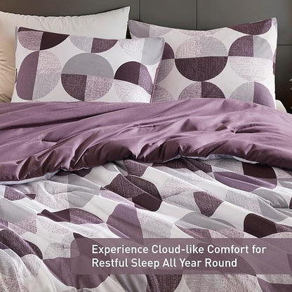 Stylish Three-Tone Printed King Size Comforter Set, 3 Pieces Ultra-Soft Microfiber Bedding Set, Warm and Cozy Comforter for All Seasons, Plum Purple & Grey