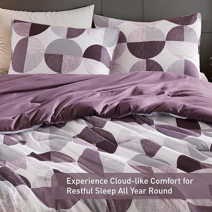 Stylish Three-Tone Printed Twin Size Comforter Set, 2 Pieces Ultra-Soft Microfiber Bedding Set, Warm and Cozy Comforter for All Seasons, Plum Purple & Grey