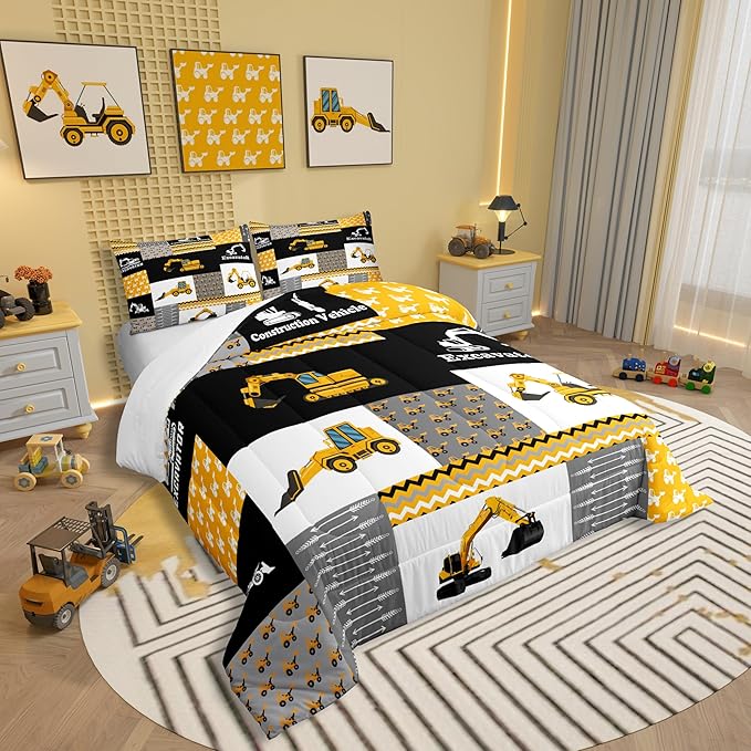 Feelyou Excavator Comforter Construction Vehicles Comforter Set Equipment Trucks Bedding Set for Children Kids Boys Girls Cartoon Car Duvet Set Geometric Lattice Room Decor Quilt Set Twin Size
