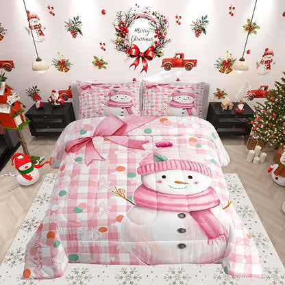 Castle Fairy Pink Bow Girly Style Boys Girls Comforter Set Full Size,Cute Cartoon Snowman Duvet Set Teens Bedroom Decor,Pink White Geometric Grid Dots Microfiber Soft Bedding