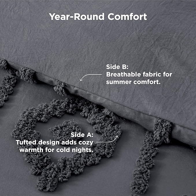 Bedsure Boho Tufted Grey Comforter Set Queen Size, GentleSoft™ 3 Pieces Boho Farmhouse Decor Bedding, Exquisite Shabby Chic Bedding for All Seasons, 1 Bed Comforter, 2 Pillow Shams, 90x90 Inches