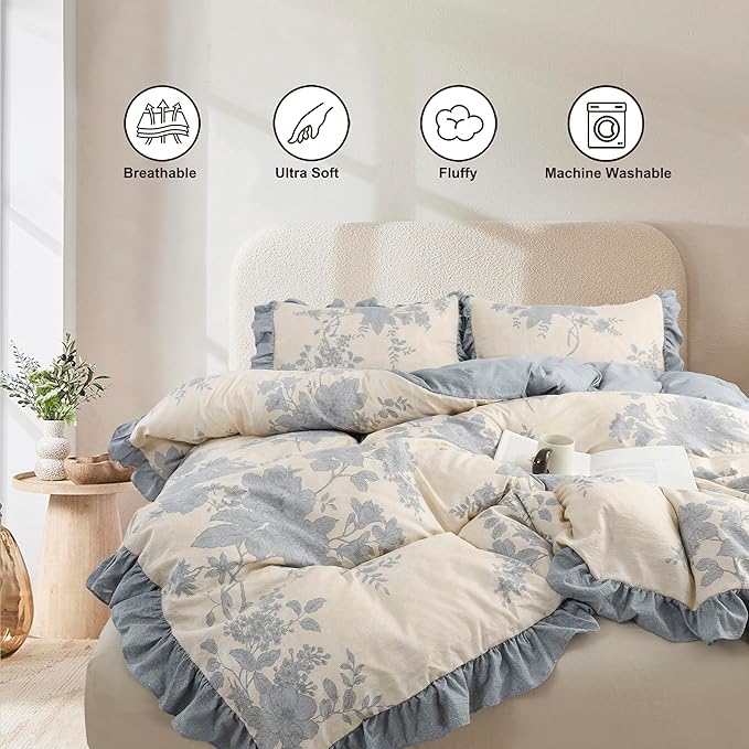 Oli Anderson 5 Piece Floral Comforter Set, Vintage Botanical Print Bedding Set, Farmhouse Lightweight Cottagecore Bed in a Bag with 1 Ruffle Flowers Comforter, 2 Pillowcases, 2 Pillows (Blue, Queen)