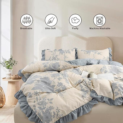 Oli Anderson 5 Piece Floral Comforter Set, Vintage Botanical Print Bedding Set, Farmhouse Lightweight Cottagecore Bed in a Bag with 1 Ruffle Flowers Comforter, 2 Pillowcases, 2 Pillows (Blue, King)