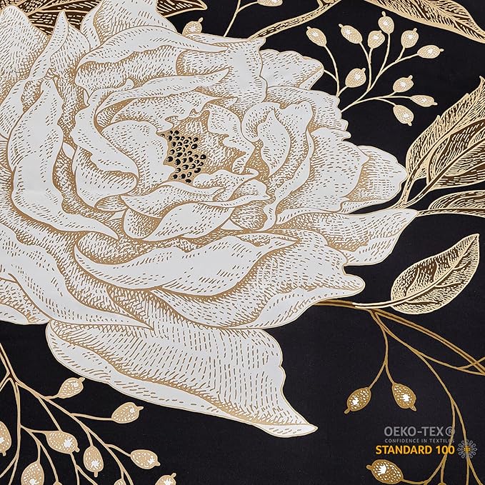 mixinni Floral Comforter Set Full Size,3 Pieces Botanical Bedding Comforter Sets, White Flowers and Gold Leaves Printed on Black, Soft Fluffy Reversible Farmhouse Boho Comforter for All Season