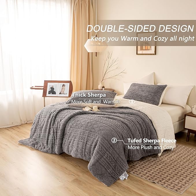 Ultra-Soft Warm Plush Reversible Sherpa Fleece King Comforter - Grey Cal/Cal King - Thickened 3D Jacquard Boho Bedding Down Comforter Set Fluffy Surface for Cozy Autumn and Winter Nights