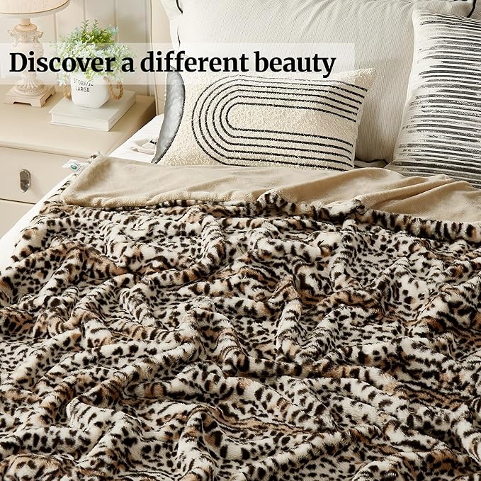 JONIYEAR Cozy Fluffy Brown Cheetah Faux Rabbit Fur Throw Blanket 50" x 60", Decorative Thick Fuzzy Leopard Lap Blankets for Women, Soft Plush Animal Print Warrm Shaggy Furry Blanket for Winter, Beige