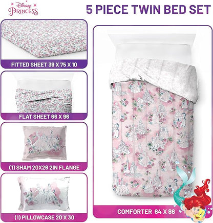 Jay Franco Kids Comforter Set Includes Sheets and Pillow Covers - Soft and Cozy Bed Set for Stylish Room Decor, Pink - Disney Princess, 5 Piece Twin Bedding