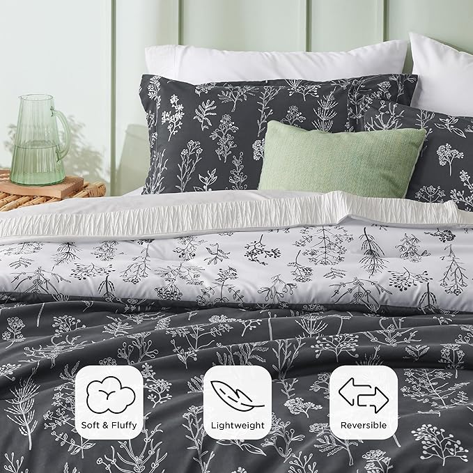 Bedsure California King Comforter Set - Dark Grey Bed Set, 3 Pieces Cute Floral Bedding, 1 Soft Reversible Botanical Flowers Comforter and 2 Pillow Shams