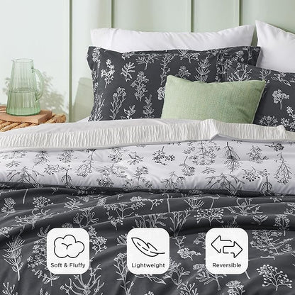 Bedsure California King Comforter Set - Dark Grey Bed Set, 3 Pieces Cute Floral Bedding, 1 Soft Reversible Botanical Flowers Comforter and 2 Pillow Shams
