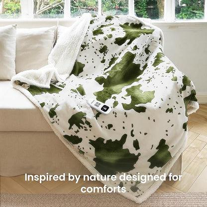 Cow Print Heated Throw Blanket Electric Blanket-Heating Blanket Throw with 10 Heat Levels & 10 Hours Auto-Off, Cozy Soft Fleece Sherpa, Washable, 50 x 60 Inches Cow Print Sage