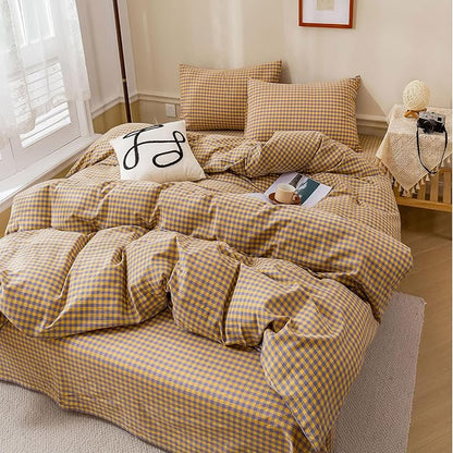 HighBuy Purple Yellow Gingham Comforter Set King,Farmhouse Soft Fluffy Grid Checkered Pattern Comforter with 2 Pillowcases,Modern Chic Gingham Bedding Set Checkered Plaid Comforter Set