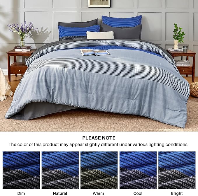 Andency California King Size Comforter Set 7 Pieces - Blue Grey Striped Lightweight Bed in a Bag, Soft Microfiber All Season Bedding Set with Comforter, Fitted & Flat Sheet, Pillowcases & Shams