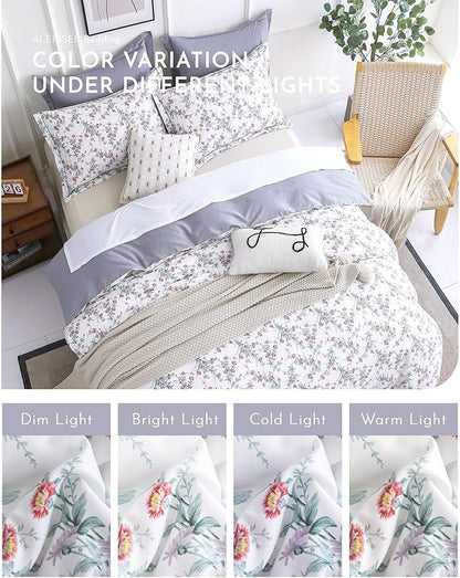 White Floral Cotton Comforter King Size - 3PC Lightweight Bedding Sets with Soft Fill, Elegant Pale Purple & Burgundy Botanical Patterns with Light Gray Reversible Design