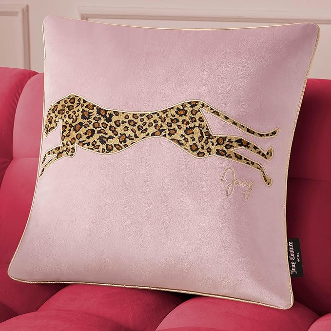 Juicy Couture Reversible Velvet Cheetah Pillow, 18" x 18" Decorative Pillow, Blush Pink
