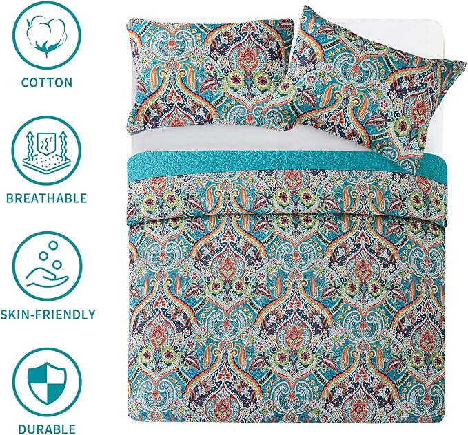 BEDIFANY Cotton Oversized King Size Quilt - Lightweight King Size Quilt Bedding Set for a Comfortable Sleep - Reversible Coverlet (108 * 118 in) with Boho Pattern, 3 Pieces