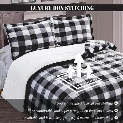 Elegant Comfort 3-Piece Buffalo Lodge-Plaid Comforter Set, Luxurious, Heavyweight, All Season, Down Alternative-Micromink Sherpa-Backing Reversible Micro-Suede, Soft and Plush, King, Black/White