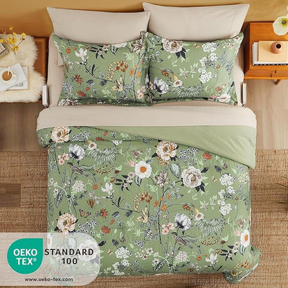 CASAAGUSTO Full Size Comforter Sets-7 Pieces Green Floral Bedding Sets, Bed in a Bag Full with Botanical Butterfly Comforter, Sheets, Pillowcases & Shams for All Seasons