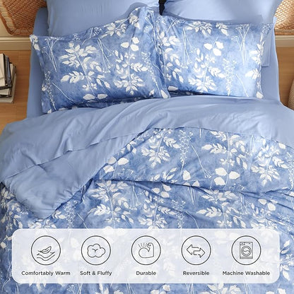 Bedsure Full Size Comforter Set - 7 Pieces Floral Blue Soft Bedding Sets, Full Bed in a Bag with Botanical Flowers Comforter, Sheets, Pillowcases & Shams