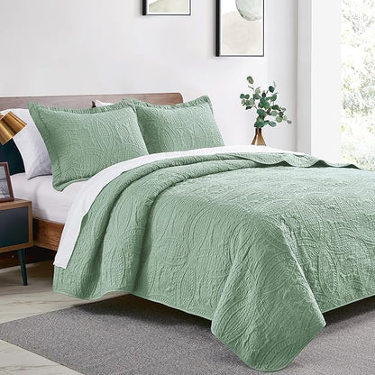 Love's cabin Quilts for Full Bed Sage Bedspreads Bedding Set - Lightweight Bedspread Comforter - Coin Pattern Bedding Coverlet for All Season - 3 Pieces (1 Quilt, 2 Pillow Shams)
