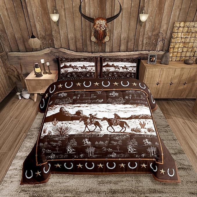 Feelyou Western Aztec Comforter Set Toddler Size Horse Cowboy Bedding Set for Boys Men Kids Teens Rustic Western Decor Country Wild West Down Comforter Brown Duvet Set with 1 Pillowcase